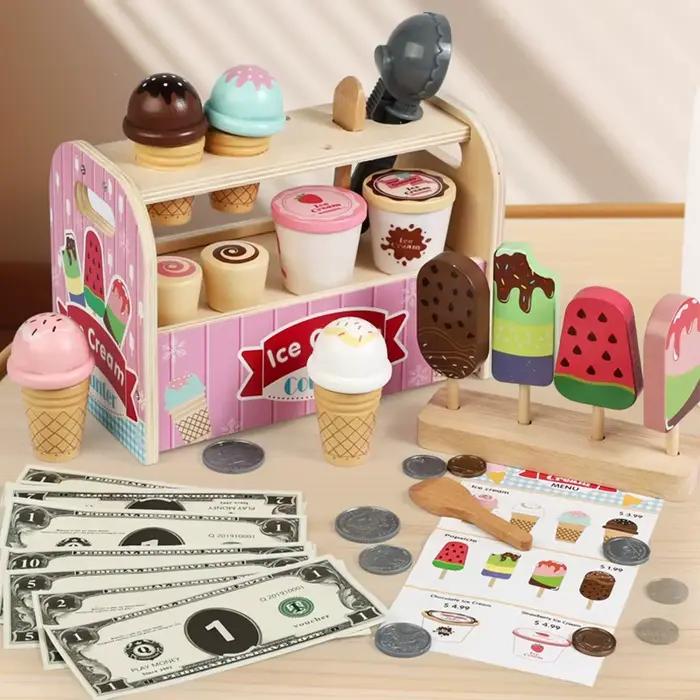 Ensemble de jouets pour chariot à crème glacée, comprend des cônes de crème glacée, une cuillère et 