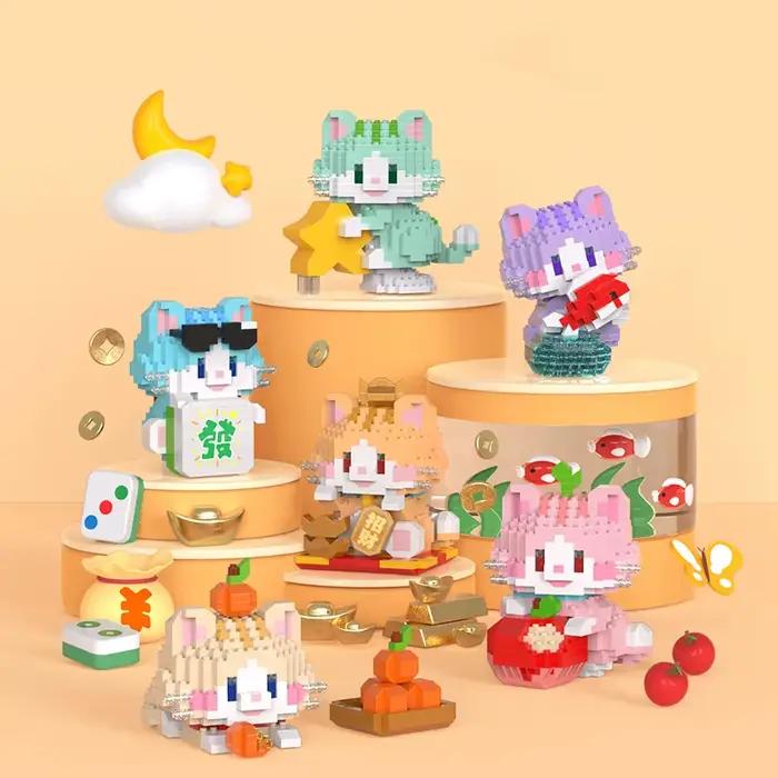 Nouveaux blocs de construction à microparticules chat chanceux blocs de construction assemblés pour 