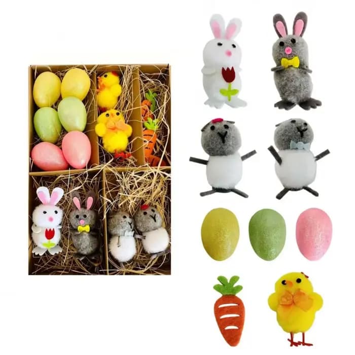 Ornement de Pâques amusant et joyeux : Œufs de Pâques, poussins et figurines de lapins réalistes et 