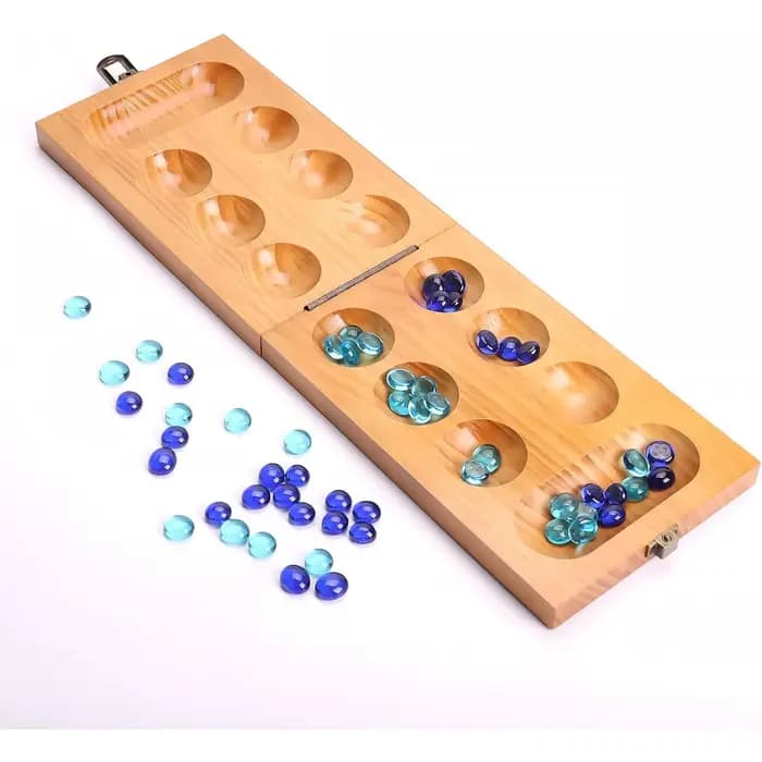 Ensemble de jeu de société Mancala en bois – Plateau de jeu pliant avec pierres de verre bicolores –