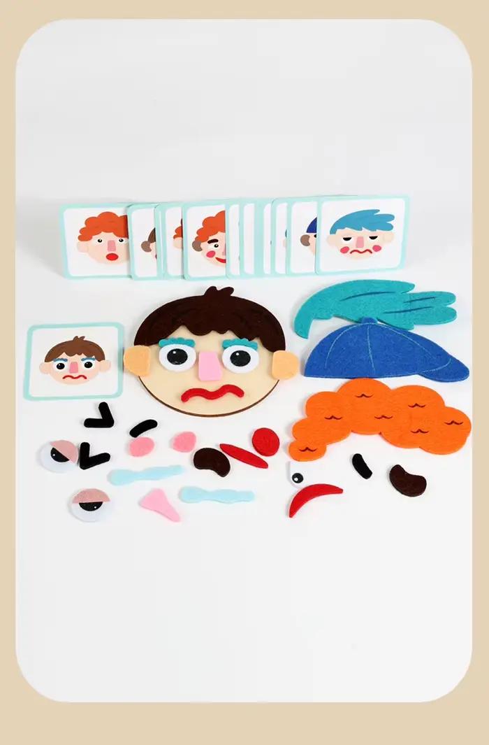 Puzzle changeant d'expressions faciales avec visage en bois et accessoires en tissu feutré, jeu de c