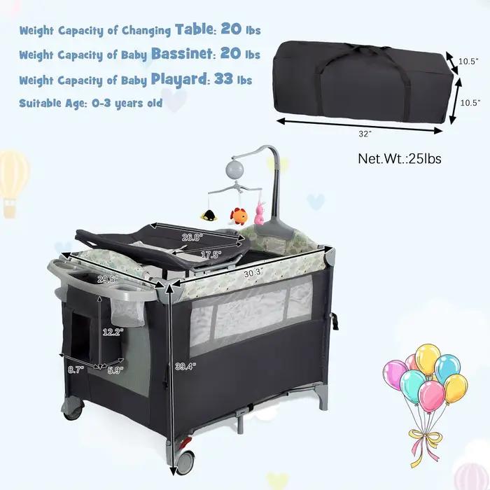 Pack n Play Playard portable avec couffin, berceau de voyage pour bébé avec table à langer, lit de p