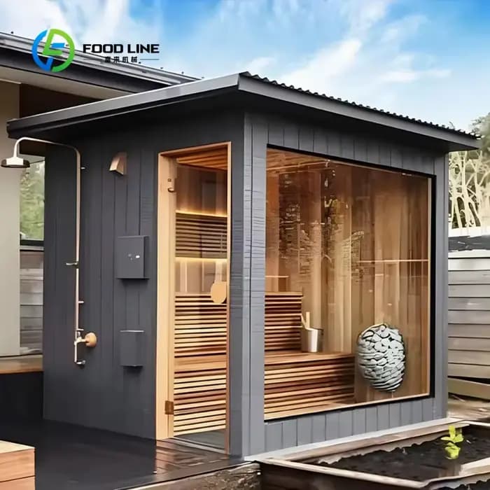 Sauna extérieur moderne sur mesure en bois massif, sauna à vapeur carré pour jardin avec fenêtre pan