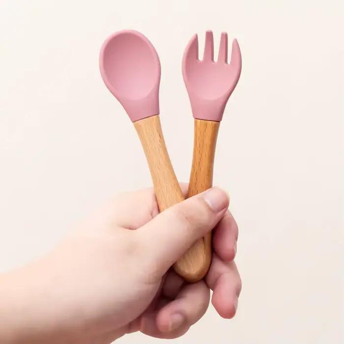Ensemble d'ustensiles cuillères d'apprentissage pour bébé, 2 pièces, manche en bois de qualité alime