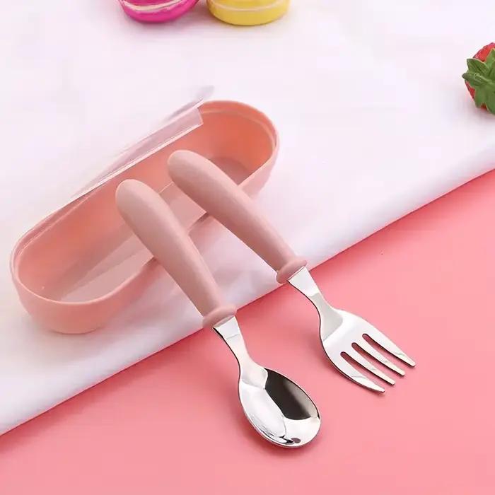 Ensemble de 2 couverts pour enfants en acier inoxydable, cuillère/fourchette, boîte adaptée aux couv