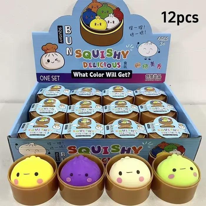 Boule anti-stress multicolore en forme de pain vapeur Smiley Bun, mignonne et thématique alimentaire