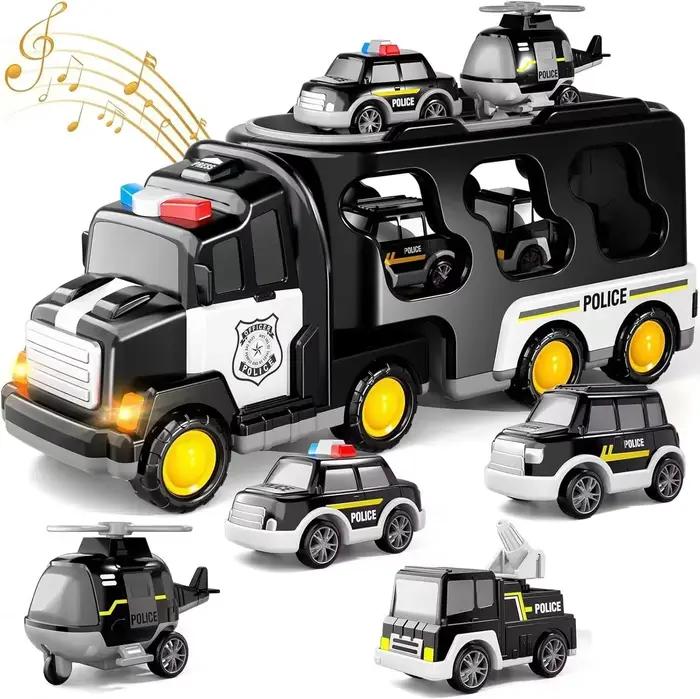 Jouet de camion transporteur de grande taille – Ensemble de véhicules d'ingénierie/incendie/police a