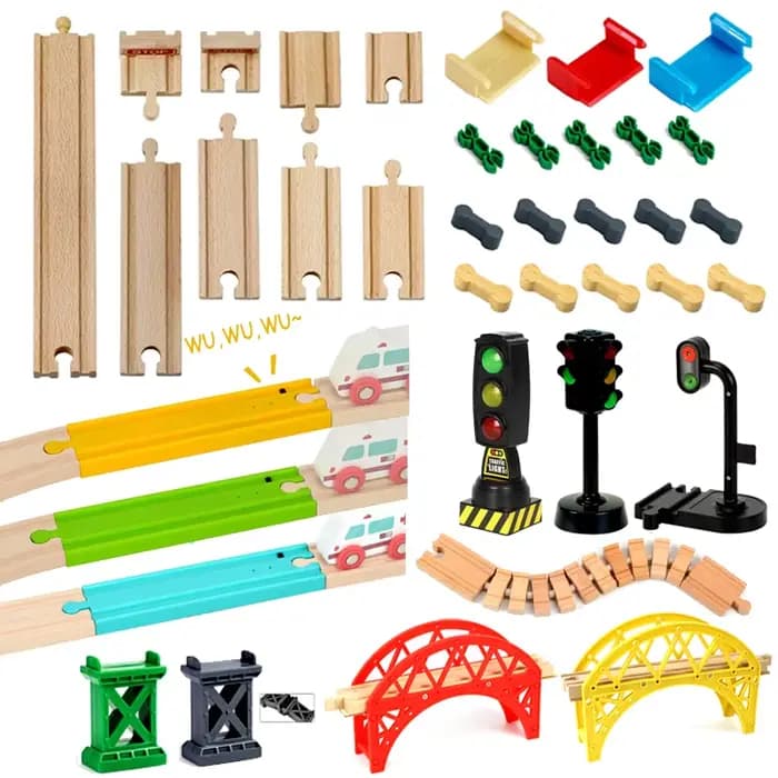 Jouets de train en bois, rails de course, tous types d'accessoires de rail en bois compatibles avec 