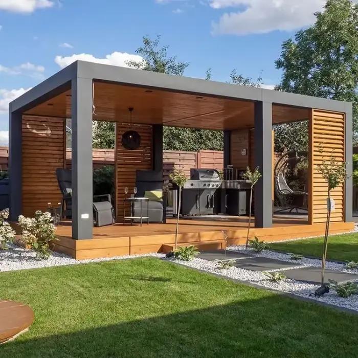 Pergola de cuisine extérieure en aluminium et bois |   Gazebo BBQ avec écrans à lamelles pour jardin