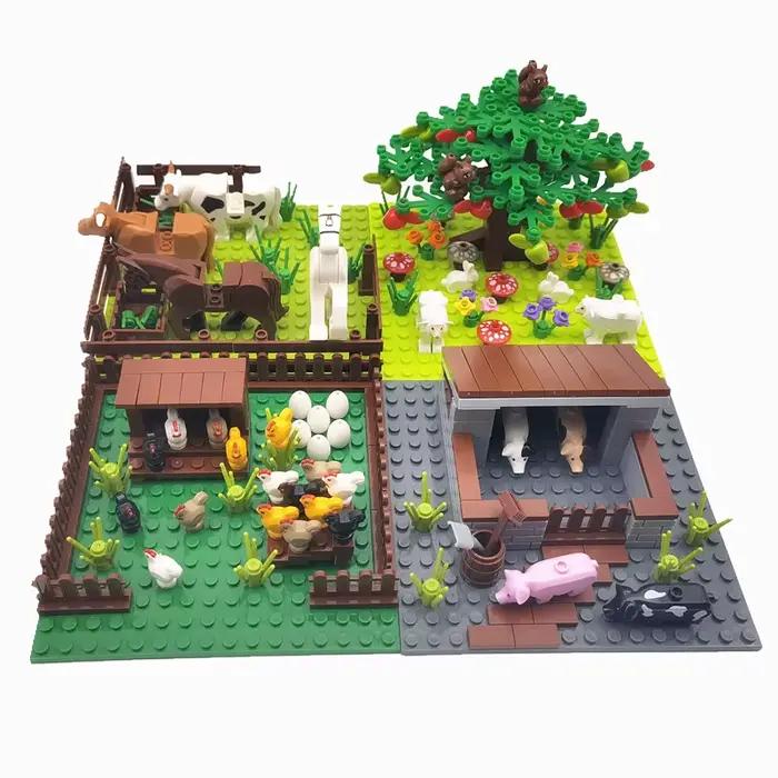 MOC – blocs de construction d'animaux de ferme, arbres, plantes, briques classiques compatibles pour