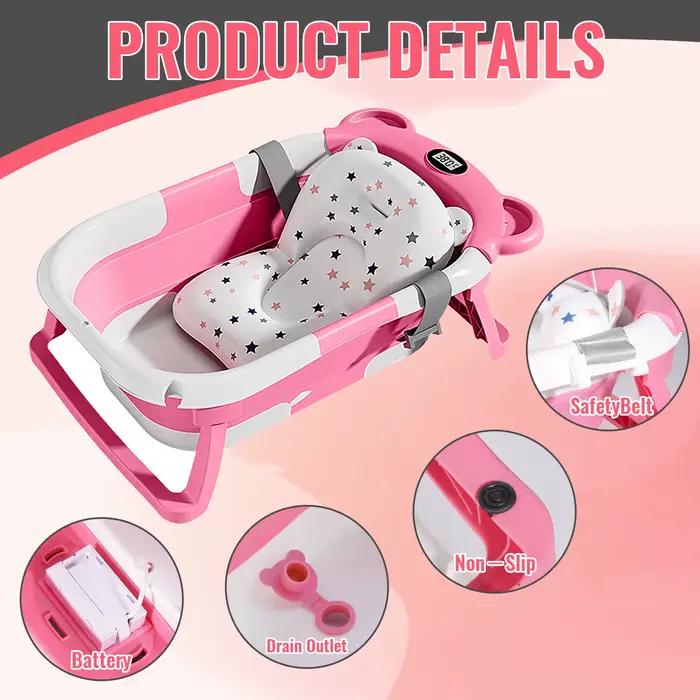 Baignoire pliable pour bébé avec capteur de température, design antidérapant, baignoire de voyage po