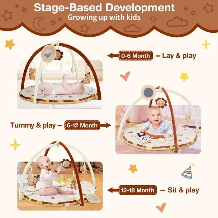 Tapis de jeu pour bébé avec arche d'activités 2-en-1, tapis antidérapant avec 9 jouets sensoriels dé