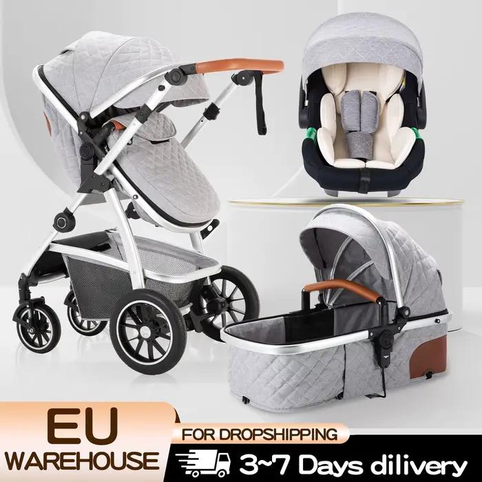 Poussette 3 en 1 pour bébé, haute position, poignée réglable, poussette de voyage avec moustiquaire,
