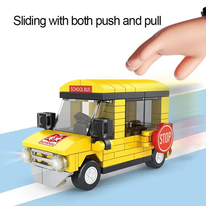 Bloc de construction de petites particules, modèle de véhicule urbain, bus scolaire, camion de pompi