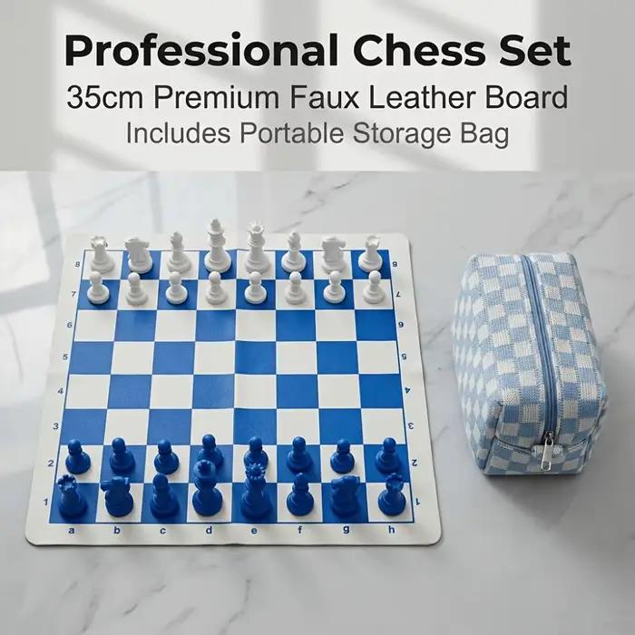 Un jeu d'échecs international pliable et portable bleu avec un plateau de 34 cm/13,78 pouces, compre