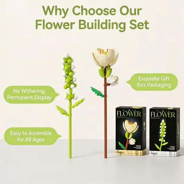 Blocs de construction de bouquets de fleurs DIY, ensemble de briques florales multi-types aux formes