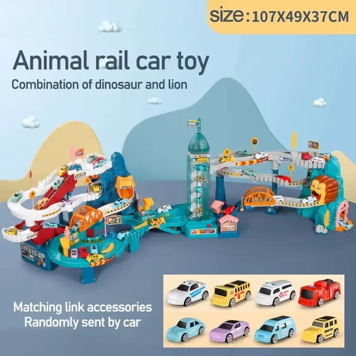 Voiture sur Rail électrique dinosaure bâtiment Parking aventure course voiture sur Rail jouets enfants cerveau mécanique interactif voitures sur Rail
