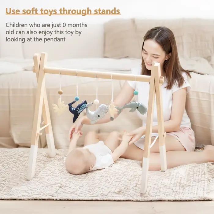 Portique d'activités en bois pliable avec jouets sensoriels suspendus pour bébé 0-12 mois