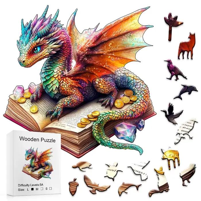 Puzzle en bois de Dragon couché sur un livre-défi formes d'animaux irrégulières