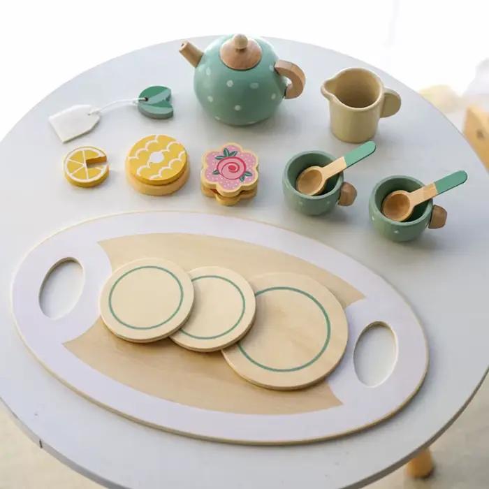 Service à thé en bois pour enfants, maison de jeu, faire semblant de thé, avec théière, tasse à thé, collation de l'après-midi, jouets de jeu de rôle, cadeau pour garçons et filles