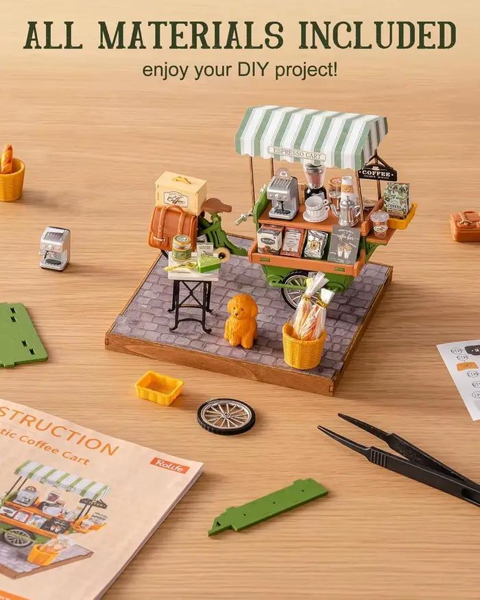 Kit de construction de maison miniature Rolife Tiny House Dollhouse Coffee Cart, modèle de diorama, puzzle 3D en bois pour adultes, cadeaux uniques