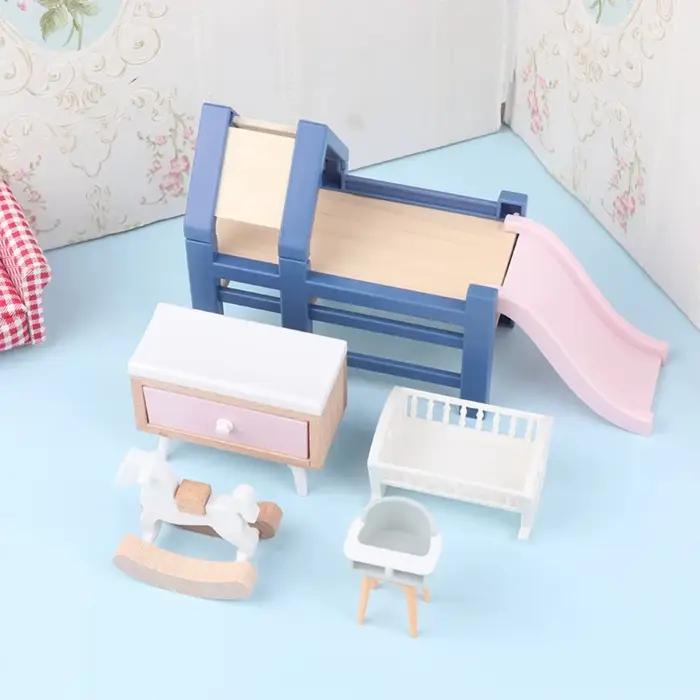 1/12 maison de poupée bébé chambre meubles accessoires toboggan/Cheval de Troie/Table/chaise de salle à manger/lit pour enfants semblant jouer jouet