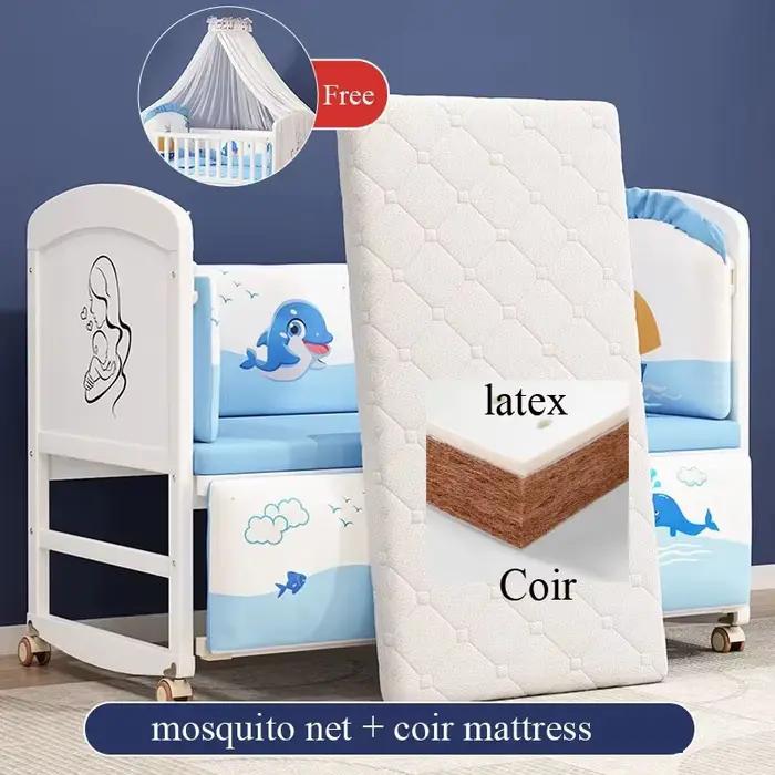 Ensemble complet de berceau de bébé en bois blanc avec moustiquaire et literie en latex naturel et coir pour enfants de 0-6 ans occasions spéciales