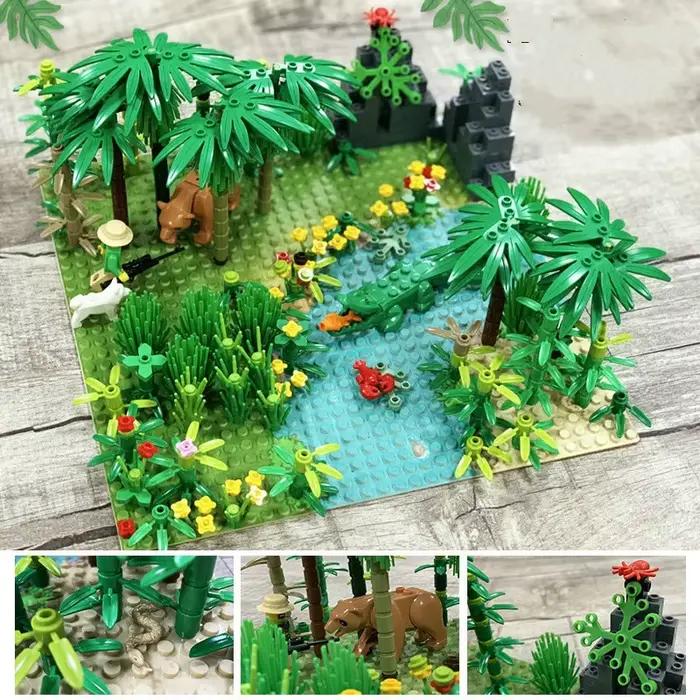 Plaques de Base forêt tropicale herbe verte jungle buisson fleur arbre plantes blocs de construction Animal dinsaus MOC enfants jouet cadeau