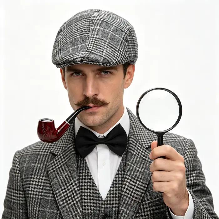 Ensemble d'accessoires de costume de détective 4 pièces - Chapeau de newsboy à carreaux, nœud papillon noir, fausse pipe et loupe pour hommes Sherlock Holmes