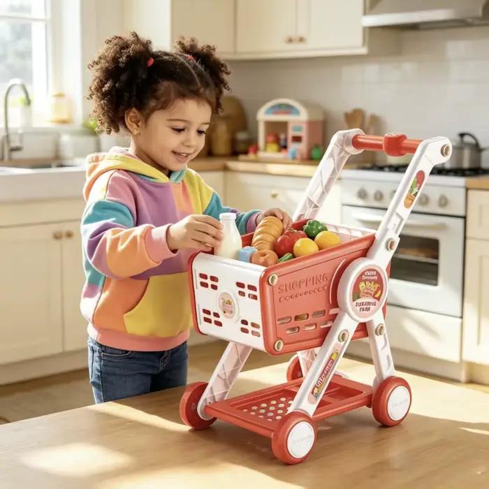 Chariot de courses de supermarché pour tout-petits, jouet d'imitation, ensemble de jeu de découpe de fruits, jeu de rôle, cadeau pour enfants de 3 à 6 ans