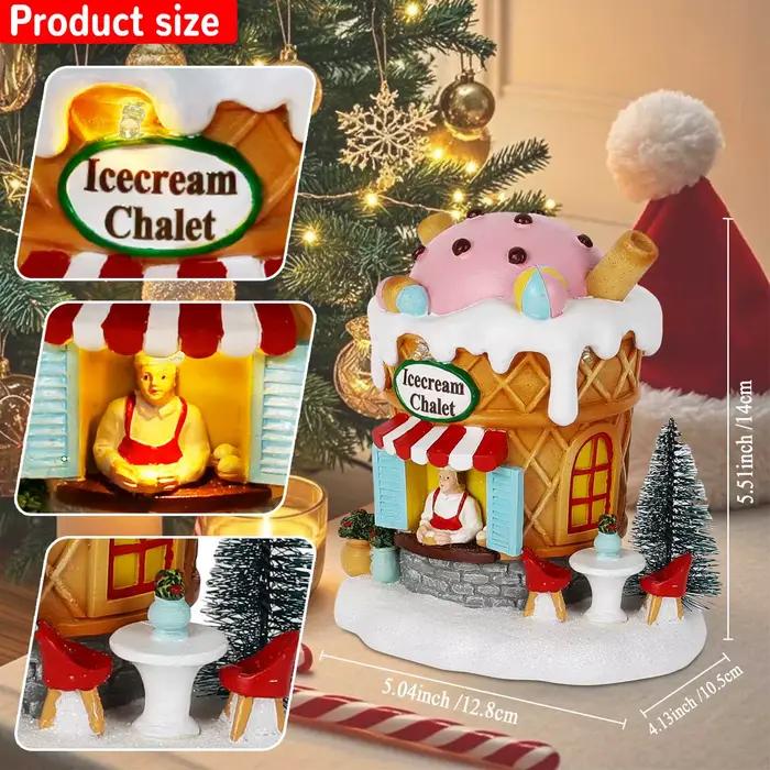 Chalet de crème glacée pré-éclairé en résine avec lumières LED pour décor de Noël intérieur, collectible, idéal pour fêtes, mariages, remerciements et Nouvel An