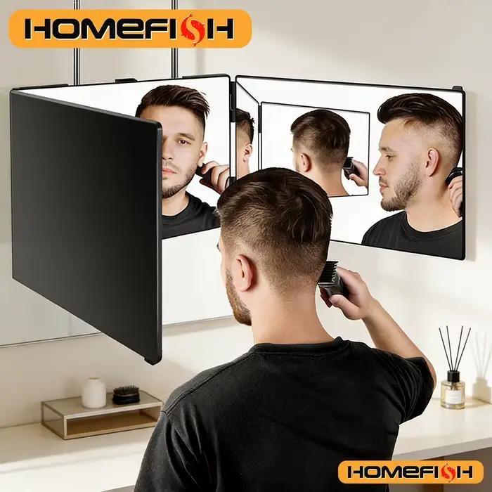 Miroir portable noir pliable à 360° avec crochets télescopiques réglables en hauteur, parfait pour la coupe de cheveux soi-même, le maquillage et l'usage quotidien