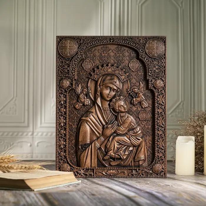Décoration murale sculptée en bois de Notre-Dame du Perpétuel Secours, articles religieux catholiques, décoration d'intérieur, statue de Notre-Dame, art vintage