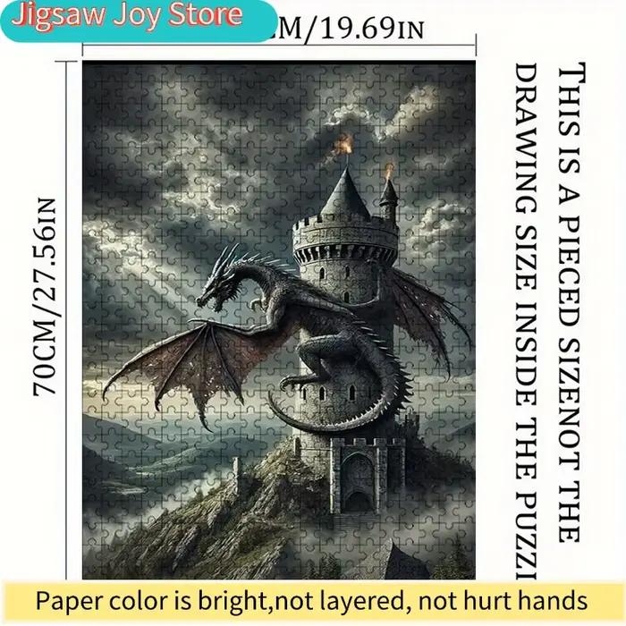 Un puzzle avec un château de dragon sur le thème médiéval, comprenant un dragon et une tour. Ce puzzle grand format et très détaillé est