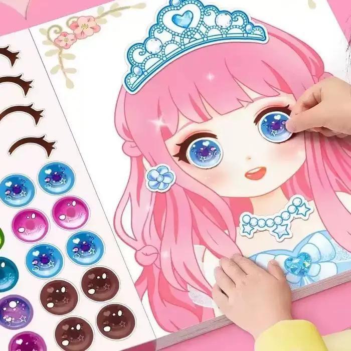 Livre d'autocollants puzzle de 15 pages, artisanat créatif, jouet réutilisable pour enfants, autocollants de dessins animés de princesses pour filles, autocollants pour créer des visages