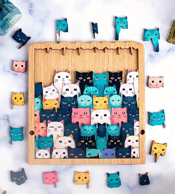 62 pièces de puzzle en bois sur le thème des chats de dessins animés