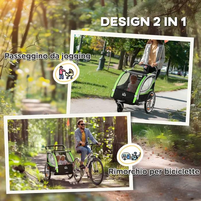 Remorque et poussette 2-en-1 HOMCOM pour enfants avec frein, ceinture 5 points, remorque de vélo avec poches latérales pour une sécurité maximale et des aventures en famille
