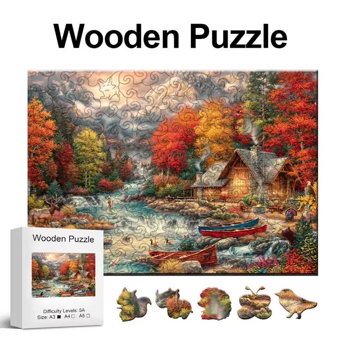 Jouets de puzzle en bois de montagnes d'automne