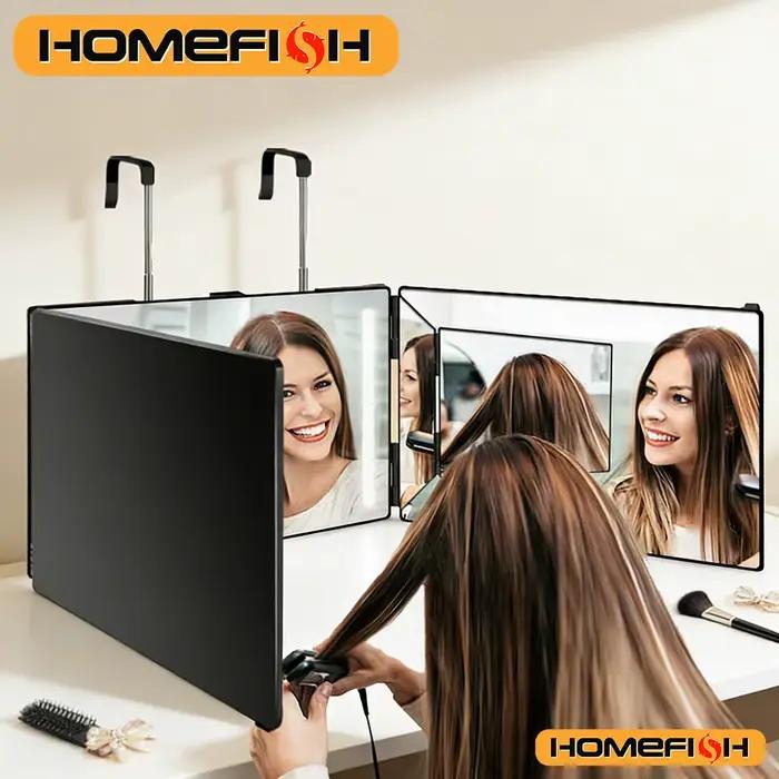 Miroir portable noir pliable à 360° avec crochets télescopiques réglables en hauteur, parfait pour la coupe de cheveux soi-même, le maquillage et l'usage quotidien