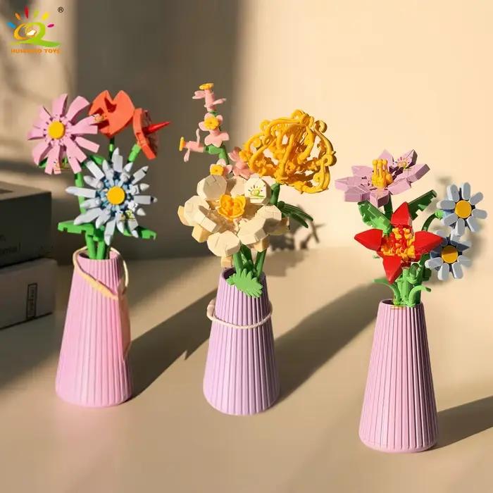 HUIQIBAO MOC Bouquet de fleurs éternelles avec pot Micro bloc de construction tournesol Rose Mini modèle brique jouet