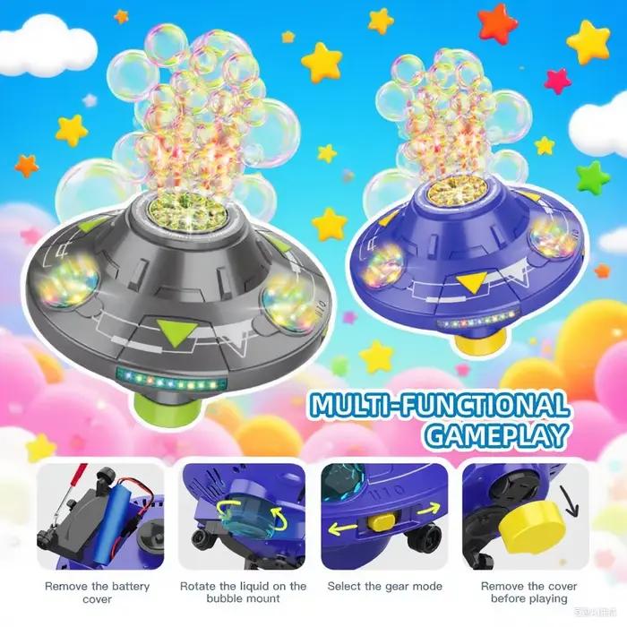 Machine à bulles UFO rotative avec éclairage clignotant et fonction anti-collision pour enfants jouant dehors occasions spéciales
