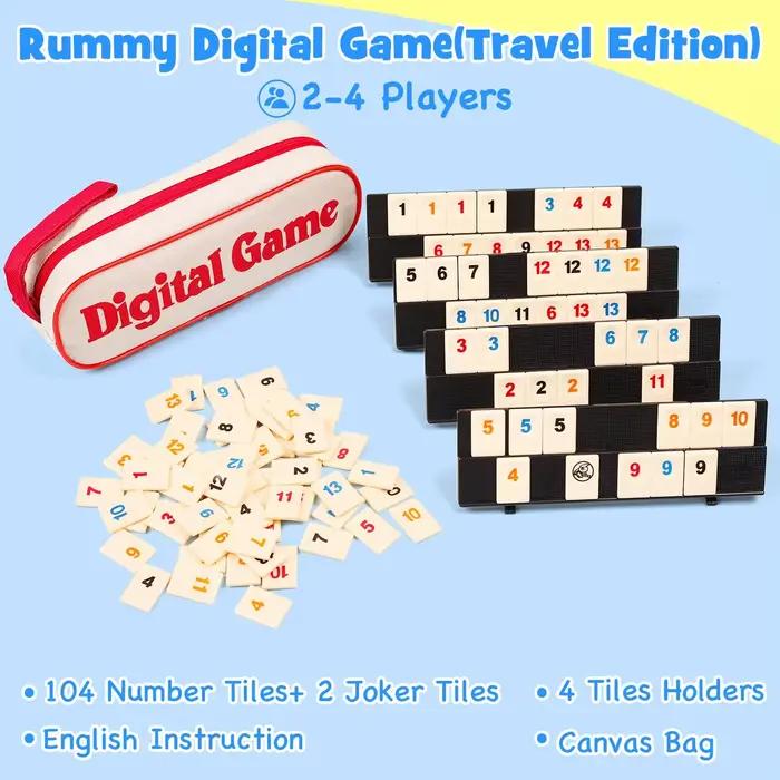 Ensemble de jeu Rummy Cube avec 106 pièces et étui portable pour jouer en famille et entre amis lors de rassemblements et voyages