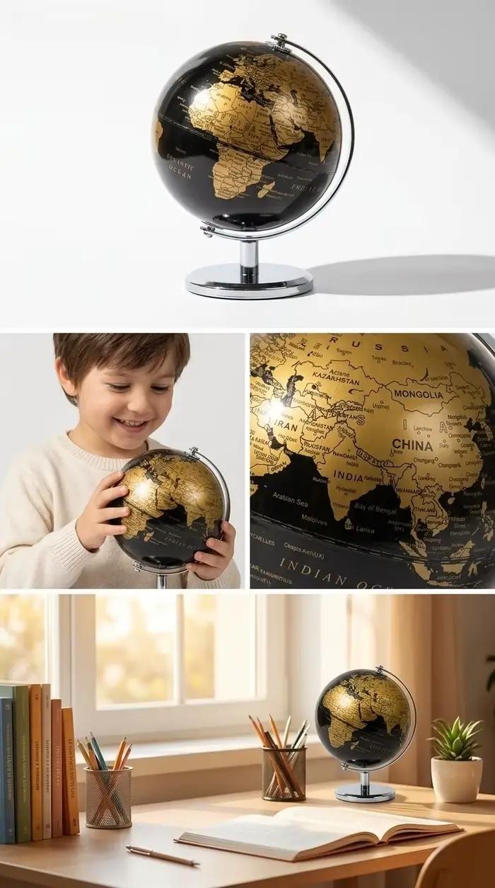 Petit globe terrestre noir et or