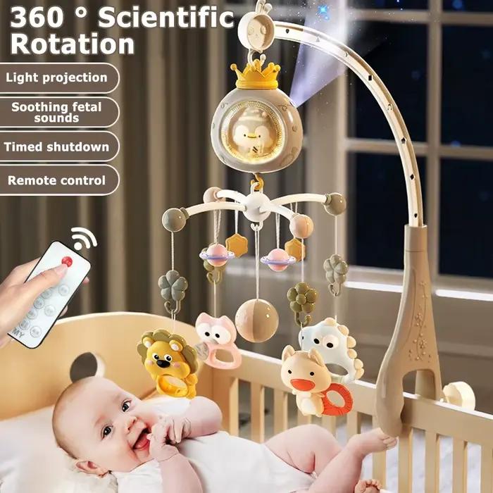 Meuble de berceau pour bébé avec projecteur et veilleuse, jouet rotatif musical télécommandé berceuses apaisantes nouveau-nés occasions spéciales développement moteur et cognitif
