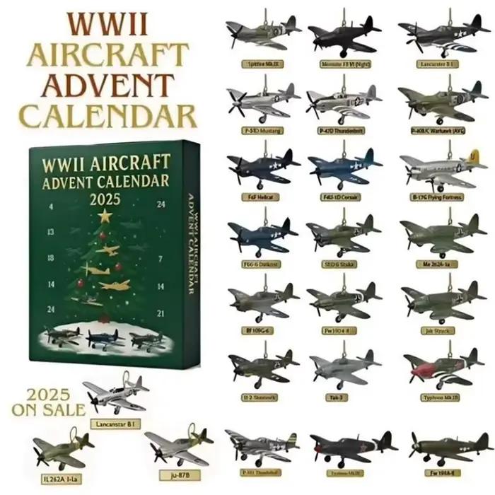 Calendrier des avents des avions 2025 Ornements d'avion 2D à collectionner uniques. Cadeau pour les passionnés d'aviation et les collectionneurs