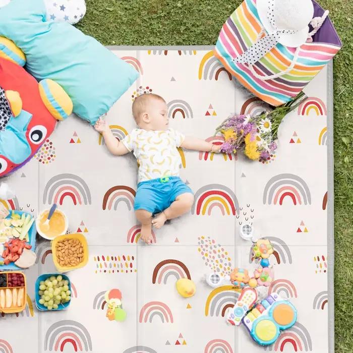 Tapis de jeu pliable en mousse pour bébé rose, imperméable et réversible pour éveil et développement, adapté pour enfants de 0 à 12 ans