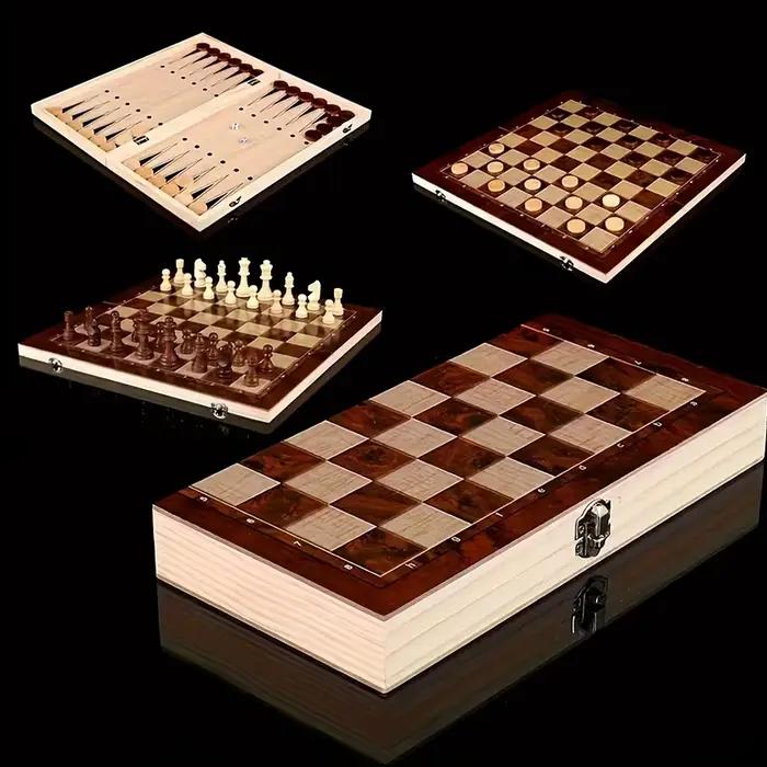 Jeu d'échecs en bois 3-en-1 de 24 cm/34 cm