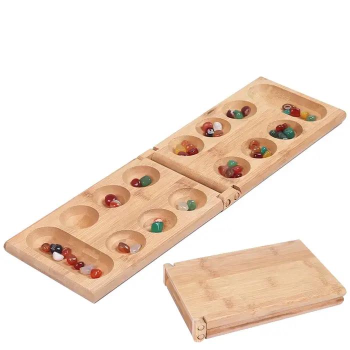 Riverstones & Bamboo Jeu de société Mancala pliable - Jeu de table classique amusant avec plateau en bois pour adultes et enfants