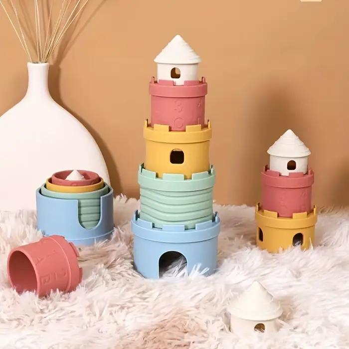 Gobelets empilables en Silicone pour bébé, jouets éducatifs amusants, jouet de dentition souple, château grenouille, blocs de tour d'apprentissage pour nourrissons et tout-petits