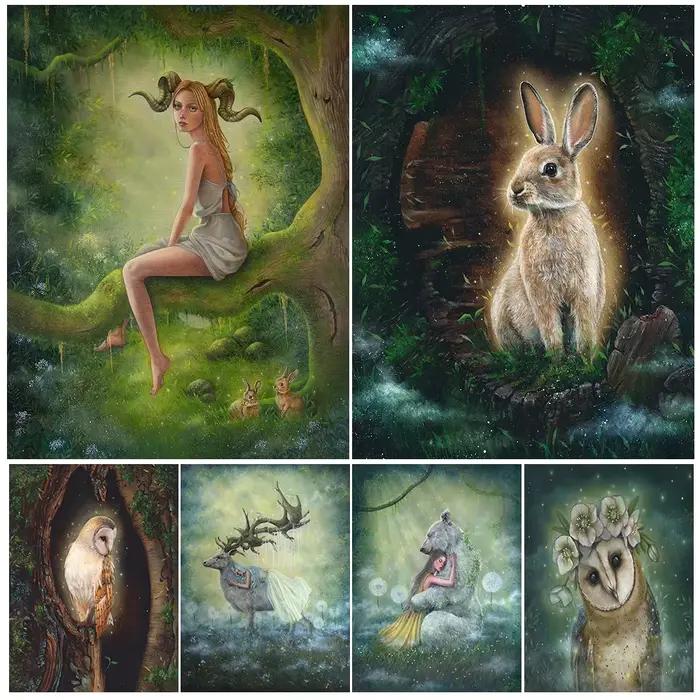 Toile d'art mural Vintage, fille elfe et animaux dans la forêt, associée un lapin mystérieux, un hibou, un ours, une affiche d'art et une décoration de maison imprimée